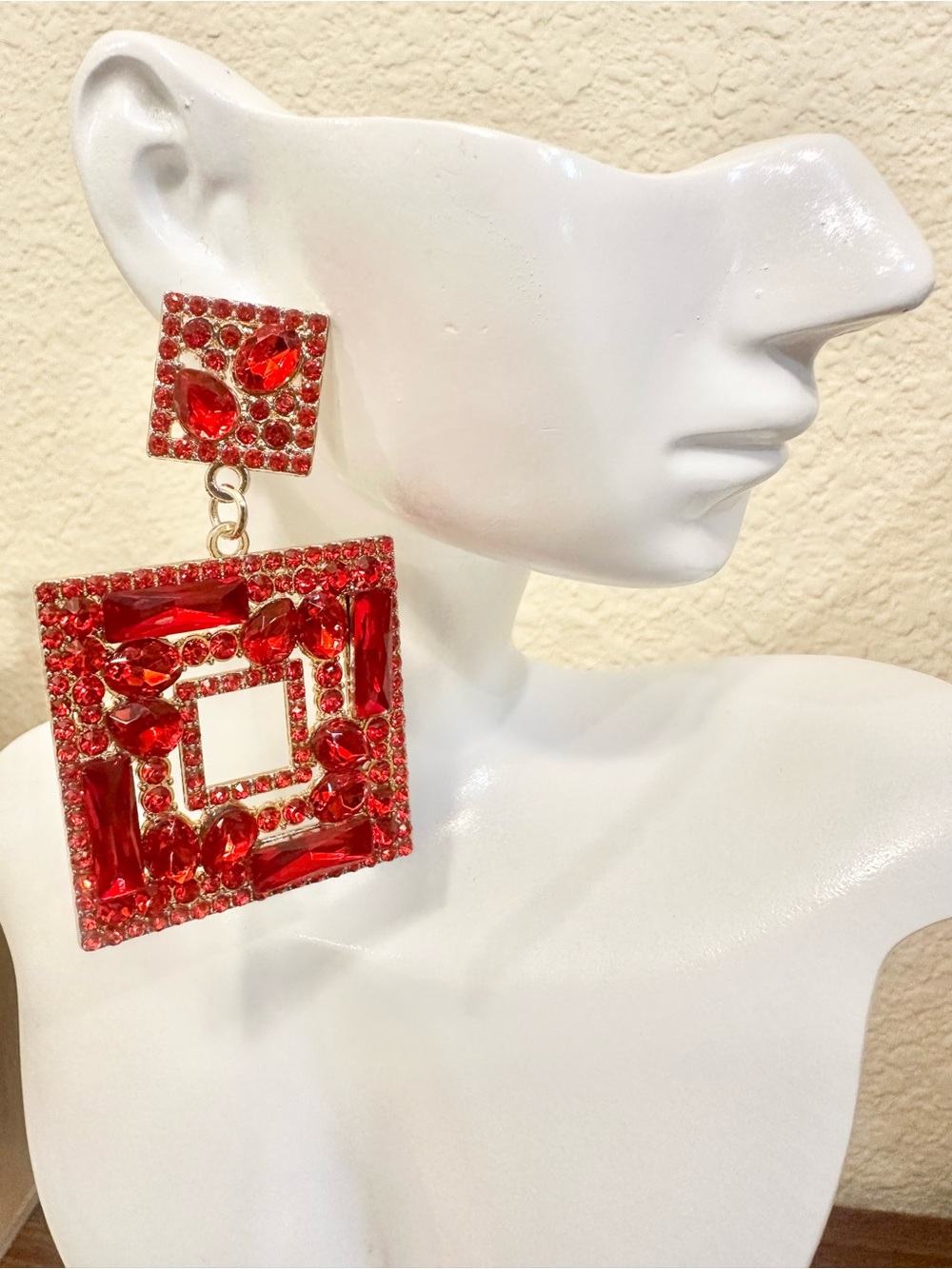 Red Crystal Square Drop Earrings